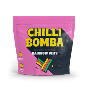 CHILLI BOMBA Rainbow Belts Candy 8oz package front view on a seamless white background