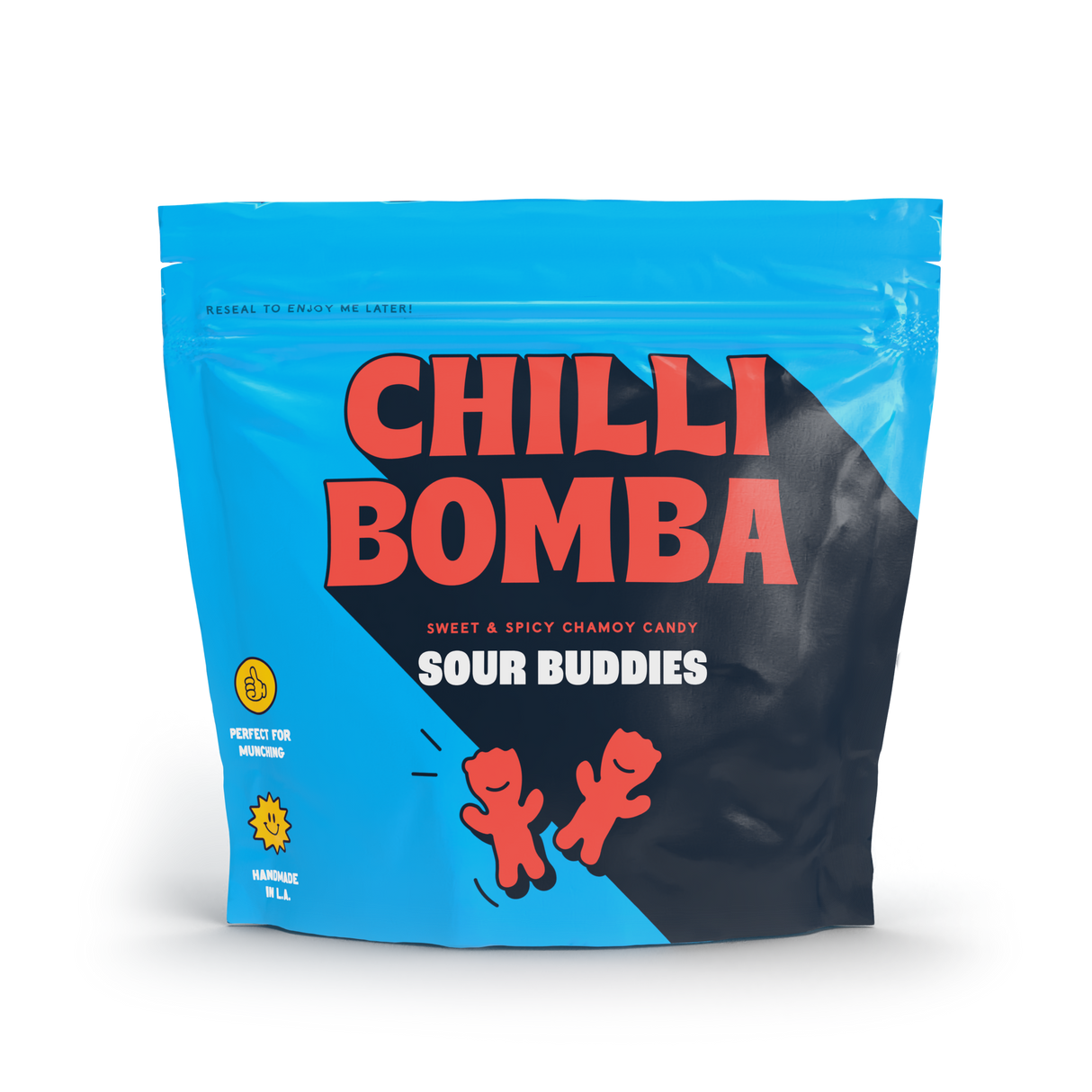 Chilli Bomba Sour Buddies 8oz candy bag front view on a seamless white background