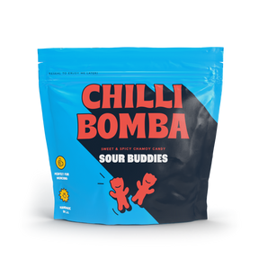 Chilli Bomba Sour Buddies 8oz candy bag front view on a seamless white background