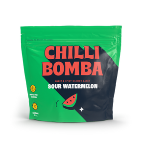 CHILLI BOMBA Sour Watermelon 8oz Candy Bag Front View on Seamless White