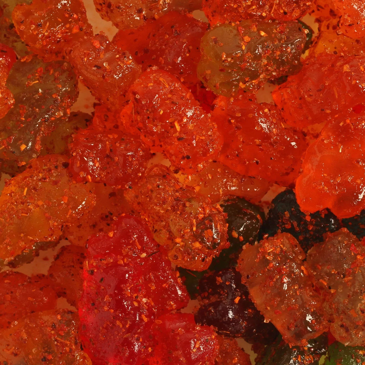Close-up of Chilli Bomba Spicy Gummy Bears 8oz with vibrant colors and spicy coating