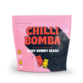 CHILLY BOMBA Spicy Gummy Bears 8oz package front view with vibrant pink design