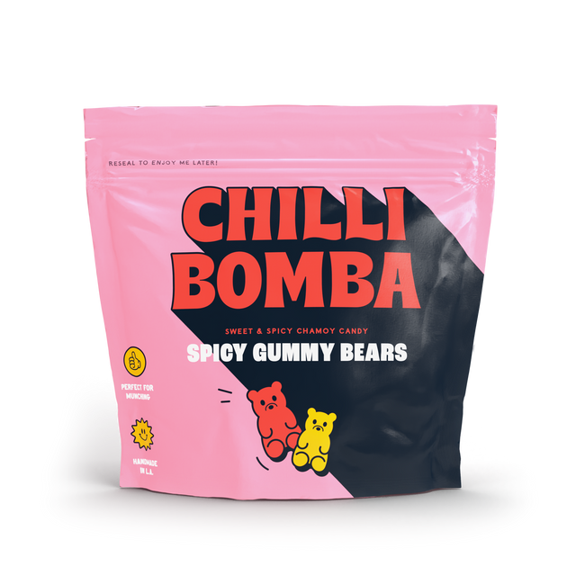 CHILLY BOMBA Spicy Gummy Bears 8oz package front view with vibrant pink design