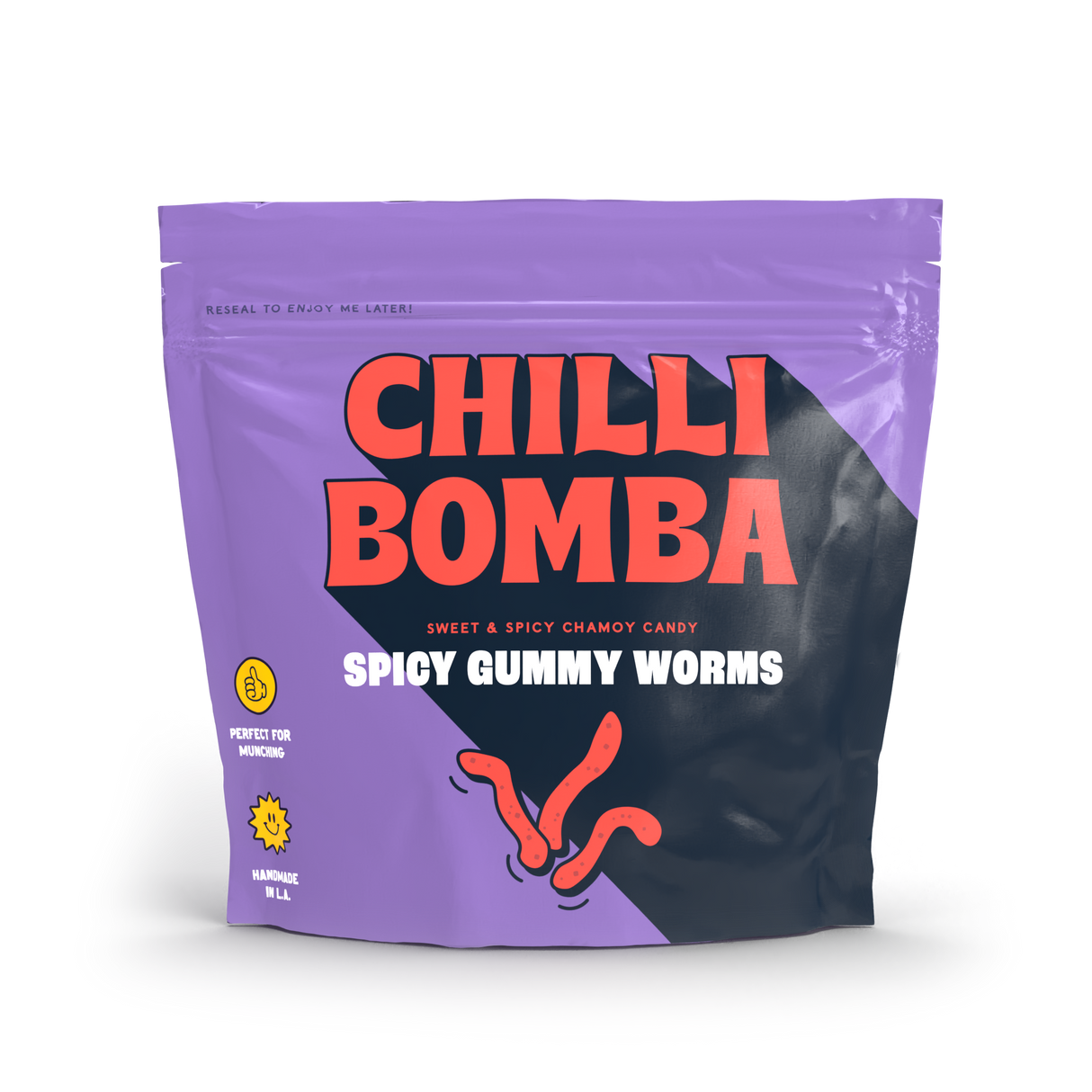 CHILLY BOMBA Chilli Bomba Spicy Gummy Worms 8oz package front view on a seamless white background