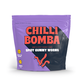 CHILLY BOMBA Chilli Bomba Spicy Gummy Worms 8oz package front view on a seamless white background