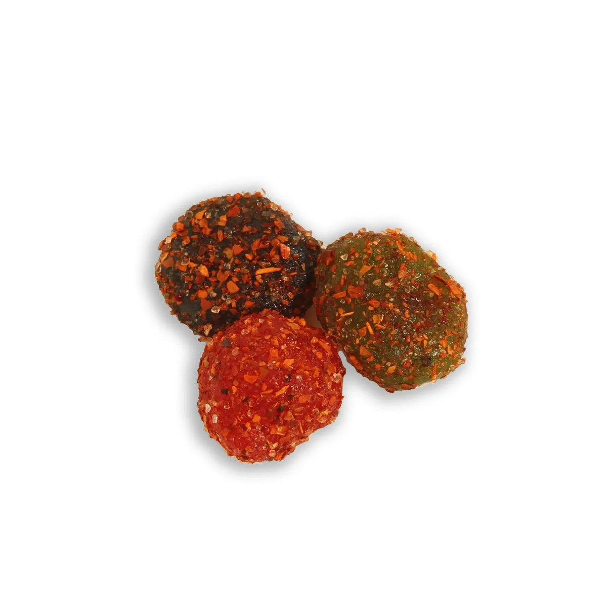 Chilli Bomba Spicy Gushers 8oz, coated with chili, top view on white background