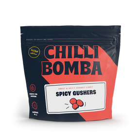 CHILLY BOMBA Spicy Gushers 8oz candy bag front view on seamless white background