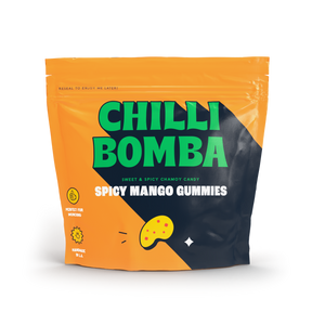 CHILLI BOMBA Spicy Mango Gummies 8oz package front view on a seamless white background