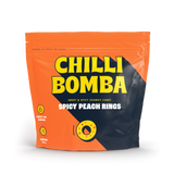 CHILLI BOMBA Spicy Peach Rings 8oz package front view on white background