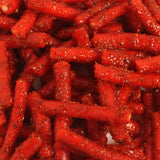 Close-up of Chilli Bomba Spicy Strawberry Tubes 8oz with vibrant red coating