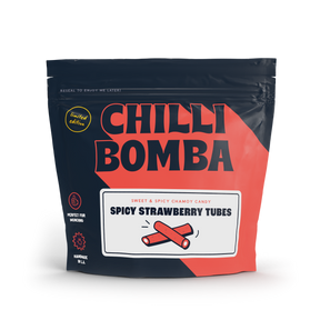 Front view of Chilli Bomba Spicy Strawberry Tubes 8oz package on a seamless white background