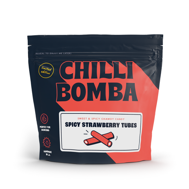 Front view of Chilli Bomba Spicy Strawberry Tubes 8oz package on a seamless white background
