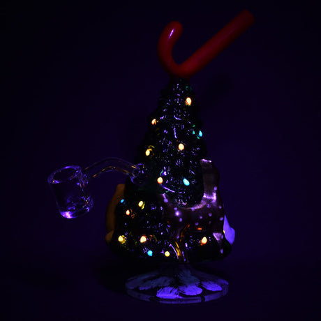 Glow-in-the-dark Christmas Tree Glass Rig with Candy Cane accent, 7.25" height, front view