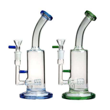 1Stop Glass 10" Classic Barrel Perc Bongs in Blue and Green with 90 Degree Joints