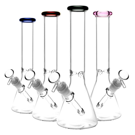 Assortment of Classic Glass Beaker Bongs with Colored Accents, Front View, 14mm Female Joint