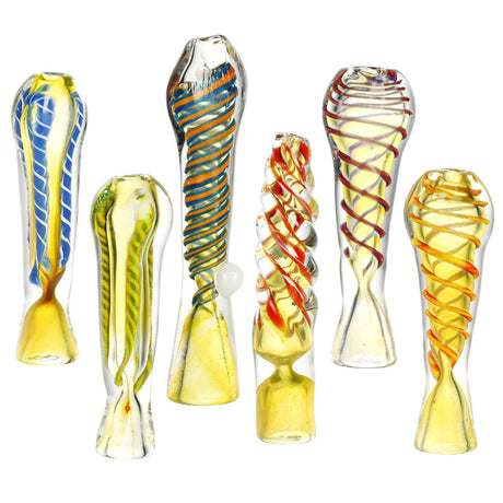 Assorted colors Classic Glass Chillums, compact and portable, displayed in a row on white background