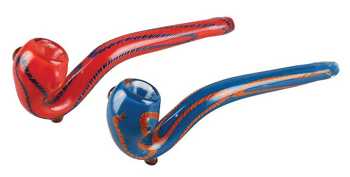Classic Sherlock Glass Pipes in Blue and Red with Swirl Design, 7.5" Length, Borosilicate