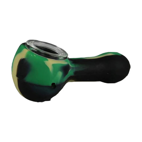 Assorted colors classic silicone hand pipe with durable glass bowl, side view on white background