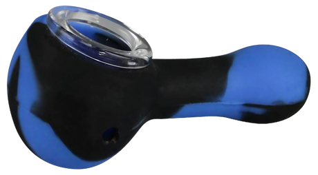 Compact silicone hand pipe with removable glass bowl, side view on a white background