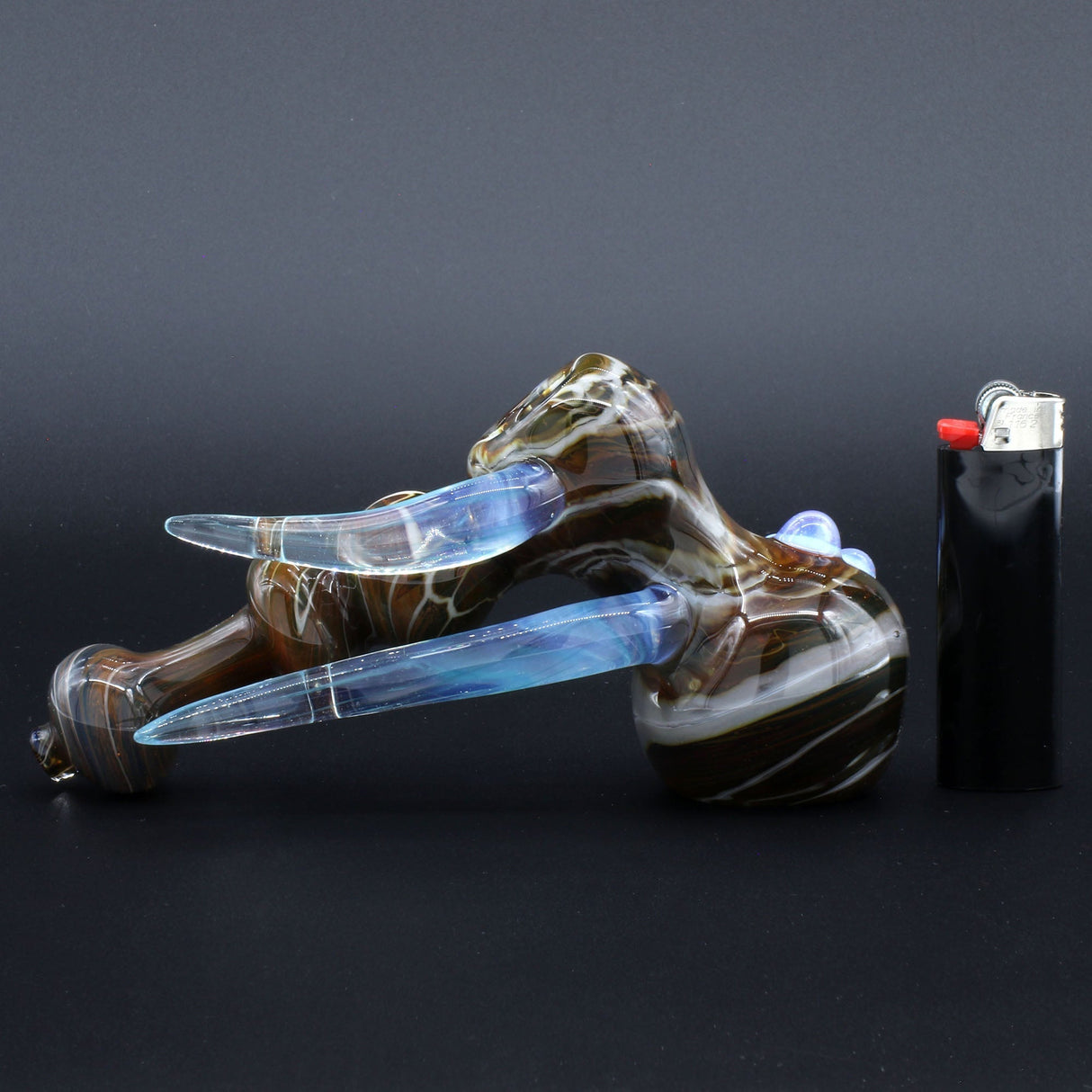 Clayball Glass "Aurora Nebula" Heady Hammer Bubbler for dry herbs, side view with lighter for scale