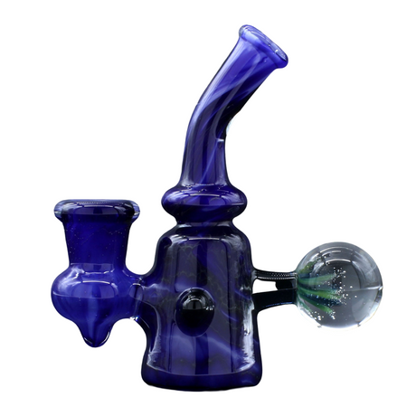 Clayball Glass "Blue Moon" Heady Sherlock Dab Rig with intricate blue design, side view on white background