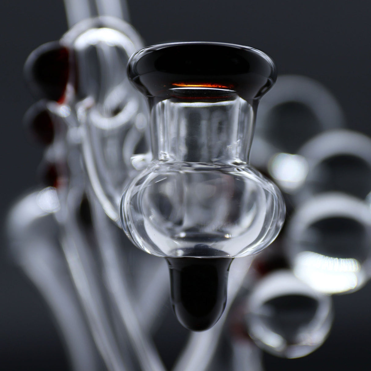 Clayball Glass "Crimson Dreams" close-up of in-line percolator on Heady Recycler Dab-Rig