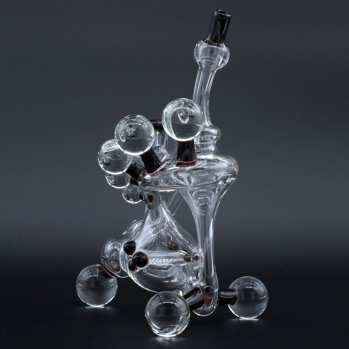 Clayball Glass "Crimson Dreams" Heady Recycler Dab-Rig with in-line percolator, front view on black