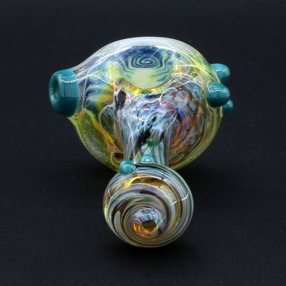 Clayball Glass "Duality Nebula" Heady Spoon Pipe with intricate swirl design on black background