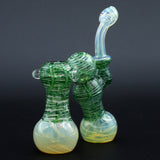 Clayball Glass "Dub-Bubb" Sherlock Double Bubbler with green swirls, USA made, front view
