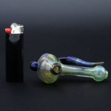 Clayball Glass "Green Horn Nebula" Heady Spoon Hand-Pipe beside lighter, USA made, for dry herbs