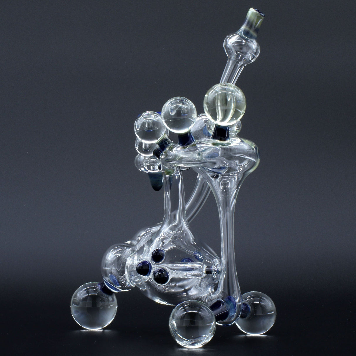 Clayball Glass "Milky Way" Heady Recycler Dab-Rig, Borosilicate, 8" height, front view on black