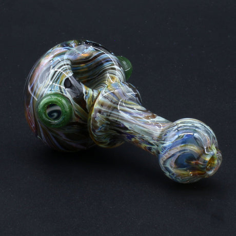 Clayball Glass "Sun Reversal Nebula" Heady Spoon Hand-Pipe, USA made, side view on dark background