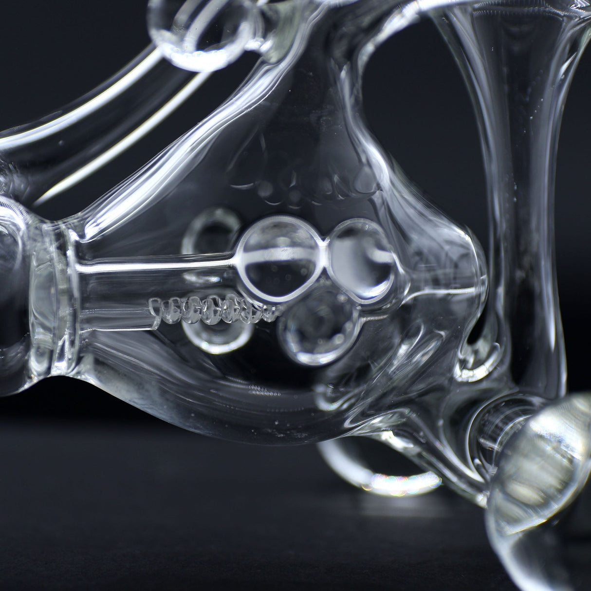 Close-up of Clayball Glass "Translucent Dreams" Heady Recycler Dab-Rig with intricate glasswork