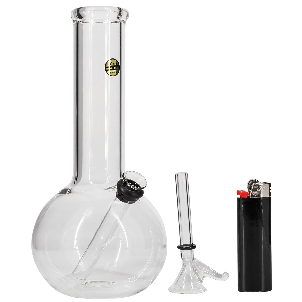 LA Pipes Clear Glass Basic Water Pipe with Bubble Design, 8" Height, 45 Degree Joint - Front View with Lighter