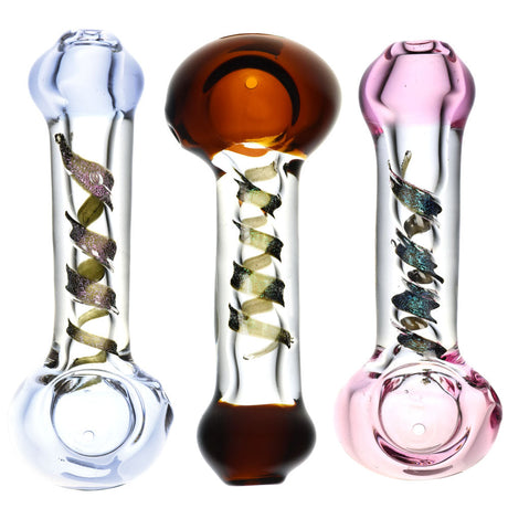 Trio of Clear Glass Spoon Pipes with Dicro Twist Design in Various Colors Front View