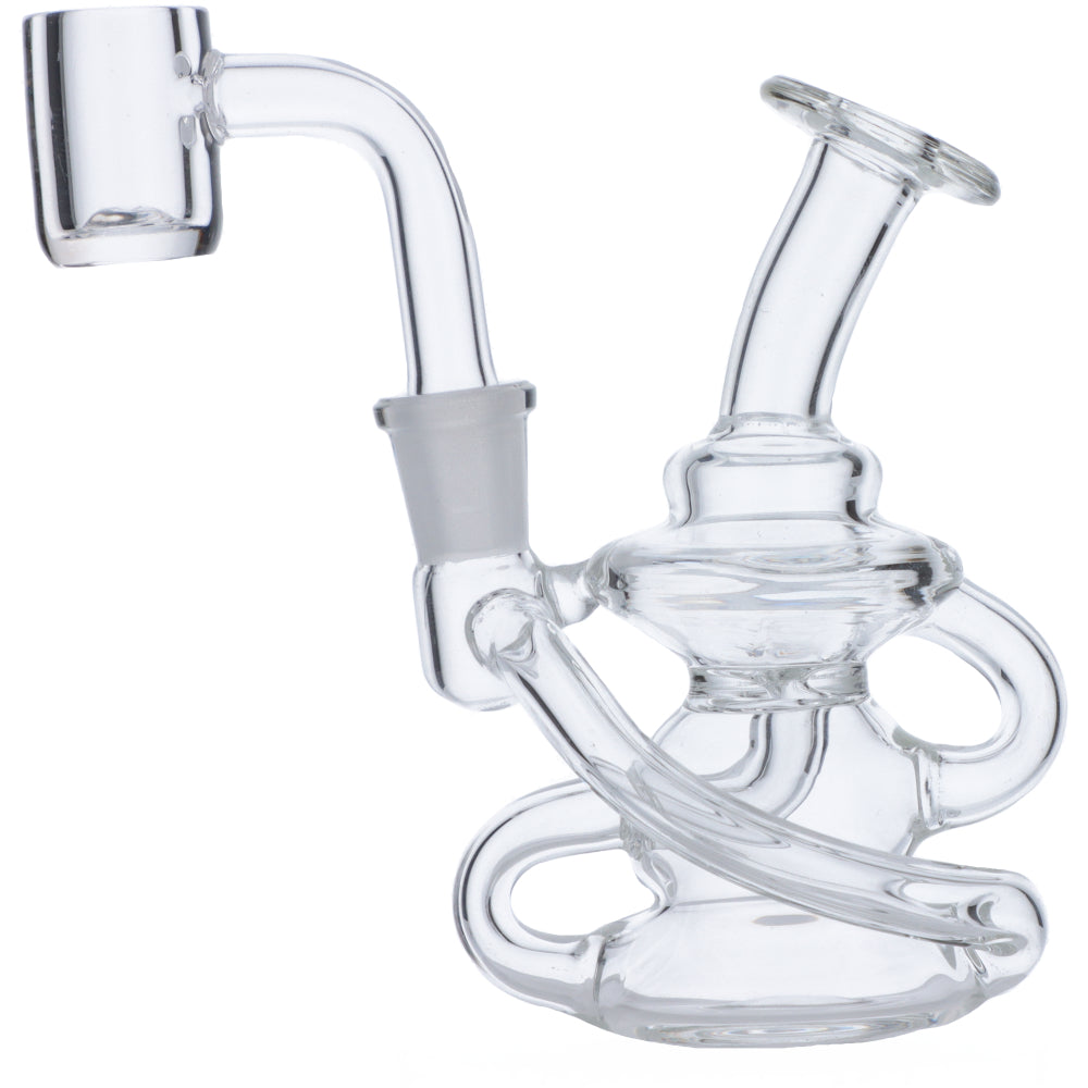 Clear Quartz Mini Dab Rig by Valiant Distribution, Compact 4" Recycler with 90 Degree Joint