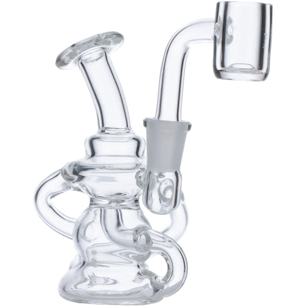 Clear Quartz Mini Dab Rig by Valiant Distribution with recycler design, 90-degree joint, and compact size for portability