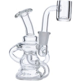 Clear Quartz Mini Dab Rig by Valiant Distribution with recycler design, 90-degree joint, and compact size for portability