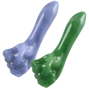 Clenched Fist Glass Hand Pipes in blue and green, 4.8" comic book design, durable borosilicate