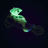 Clinging Chameleon Black Light Spoon Pipe glowing in dark, 4.25" compact borosilicate glass