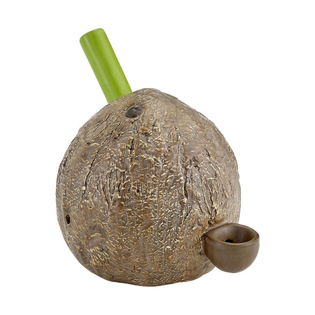 Ceramic Coconut Pipe with a green stem, front view on a white background, perfect for tropical-themed smoking sessions