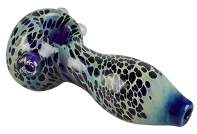 Blue color-spotted borosilicate glass hand pipe, 4.25" spoon design for dry herbs, angled side view