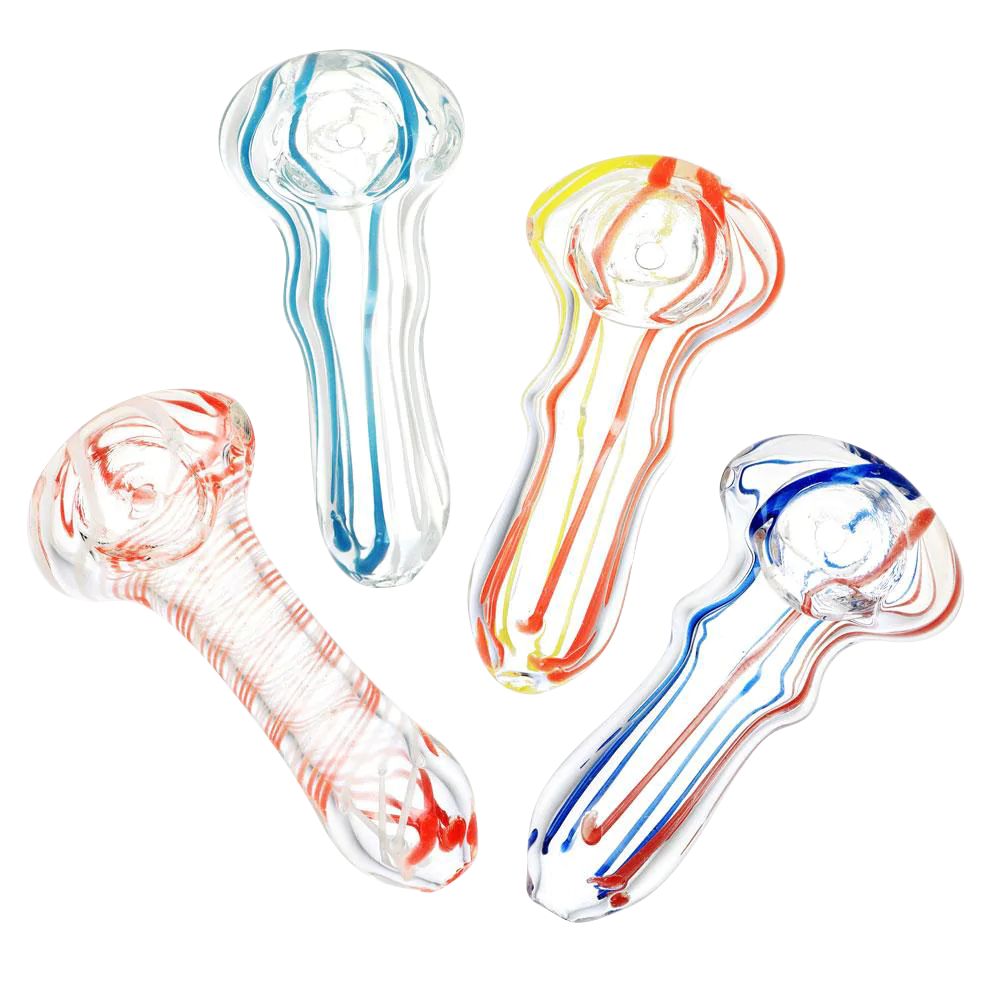 Assorted Color Striped Clear Glass Hand Pipes, Portable Spoon Design, Top and Side Views