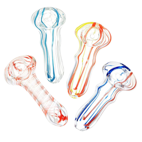 Assorted Color Striped Clear Glass Hand Pipes, Portable Spoon Design, Top and Side Views
