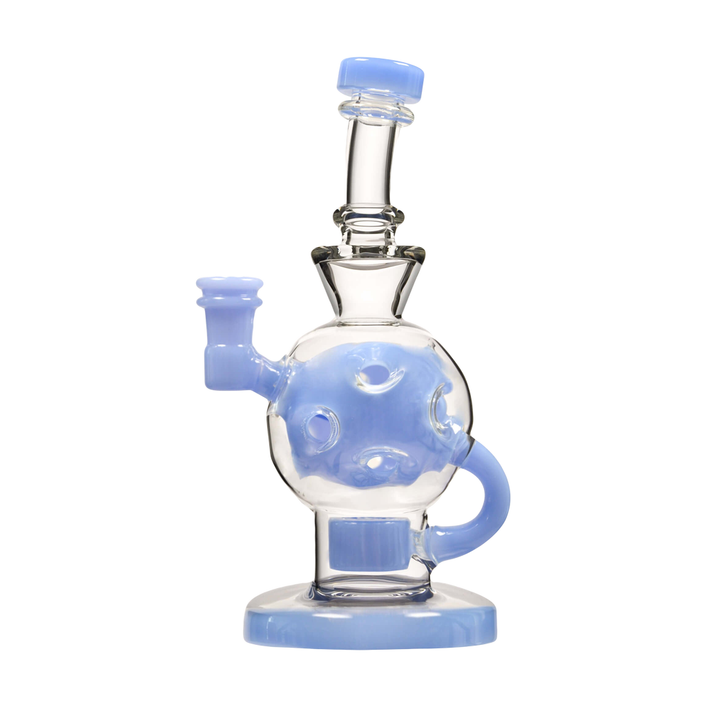 Calibear Colored Ballsphere Bong in Frosted Blue with Clear Accents, Beaker Design, Front View