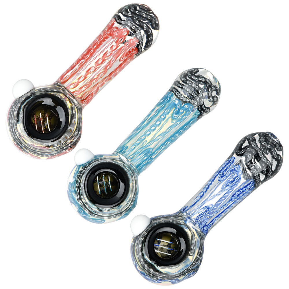 Trio of Colorful Squiggled Glass Spoon Pipes - 4.25" Handcrafted Borosilicate, Top View