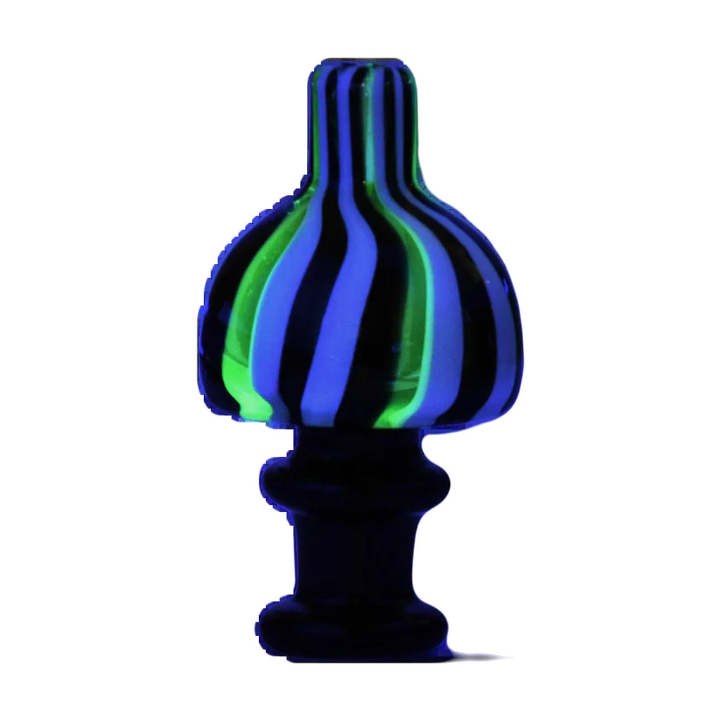 Colorful UV reactive striped carb cap for dab rigs, 25mm size, front view on white background