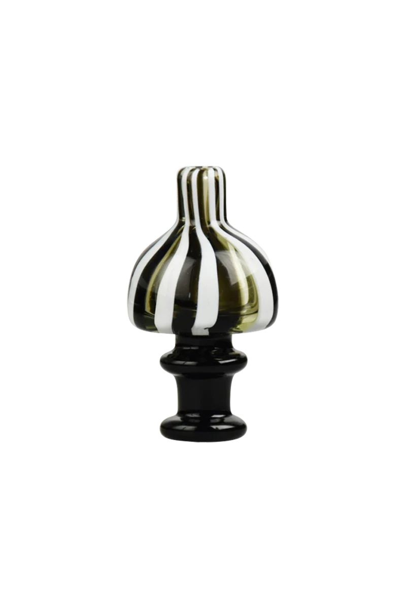 Colorful UV reactive striped carb cap for dab rigs, 25mm size, front view on seamless white background