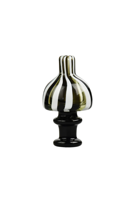 Colorful UV reactive striped carb cap for dab rigs, 25mm size, front view on seamless white background