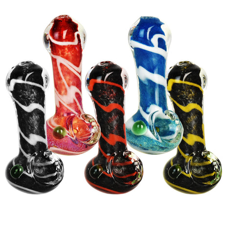 Assortment of Colorful Worked Striped Spoon Pipes, Portable 3" Borosilicate Glass, Front View